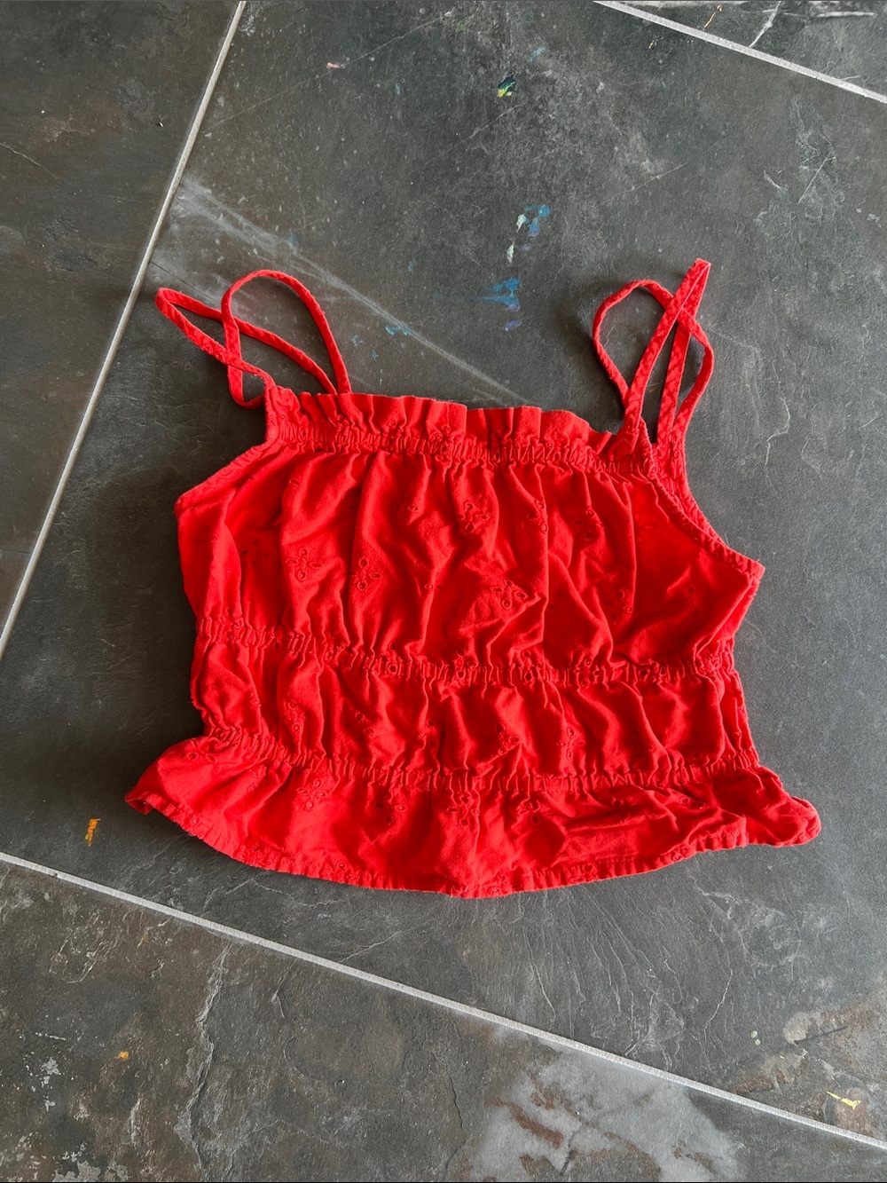 Red cotton eyelet crop top with ruched and smocked tailoring
